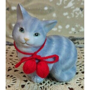 Adorable Ceramic Gray Tabby Cat Kitten Sitting Figurine w/ Red Bow and Baubles